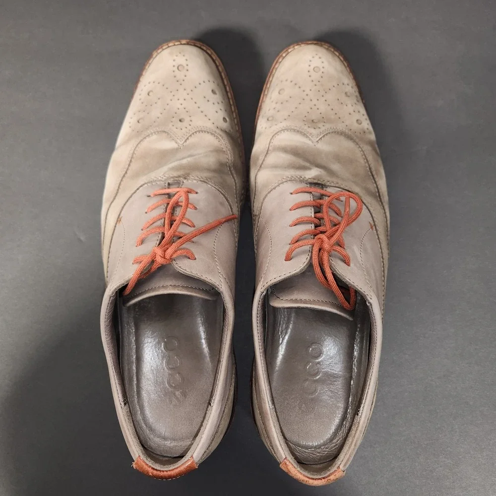 ECCO Wingtip Oxford Men 44 US 10-10.5 Grey Leather Tan Nubuck Brogue Lace Up